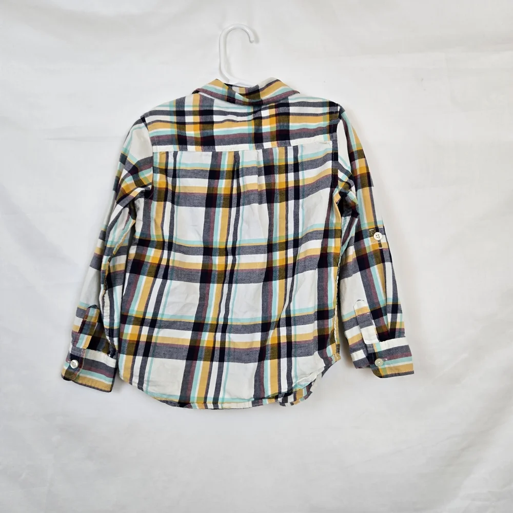 Baby Gap Boys White Gray Yellow Plaid Long Roll Tab Sleeve Preppy Button Shirt 5